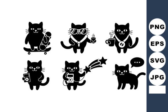Black Cat Characters with Skateboard Cof