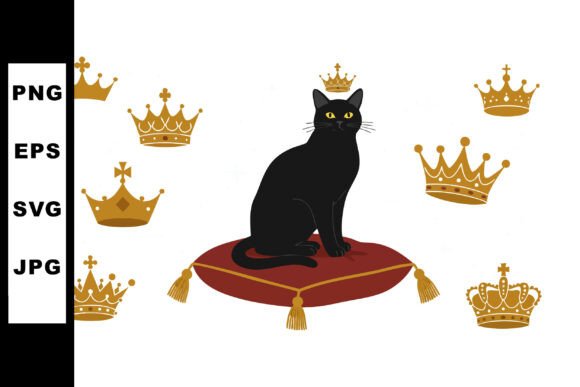 Black Cat on Red Cushion with Crowns