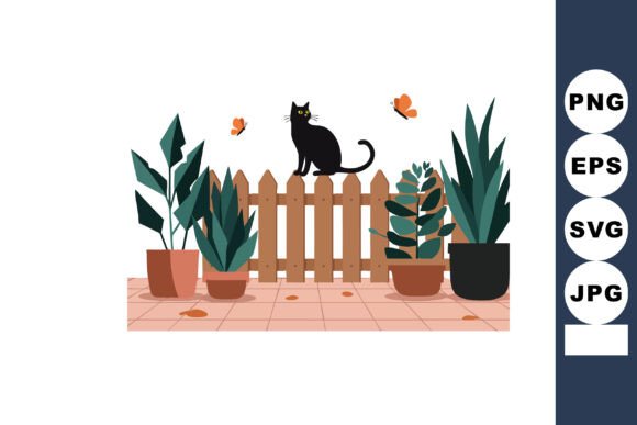 Black Cat on Wooden Fence with Green Pla