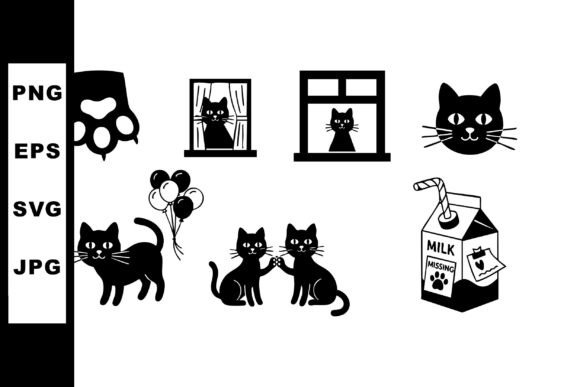 Black Cat Silhouettes with Paw, Balloons