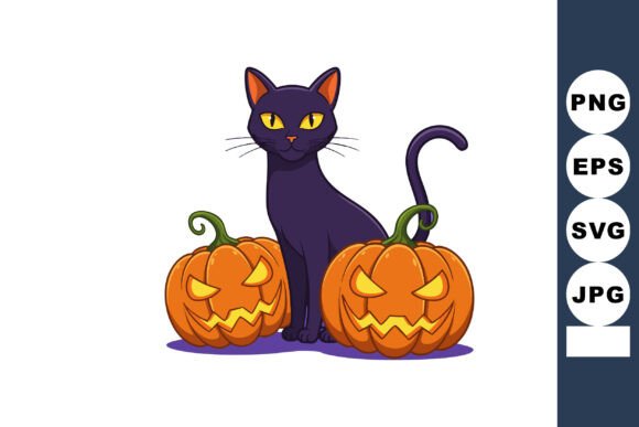 Black Cat Sitting Between Two Carved Hal