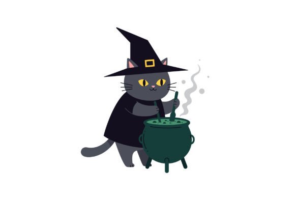 Black Cat Wearing a Witch Hat Stirring a