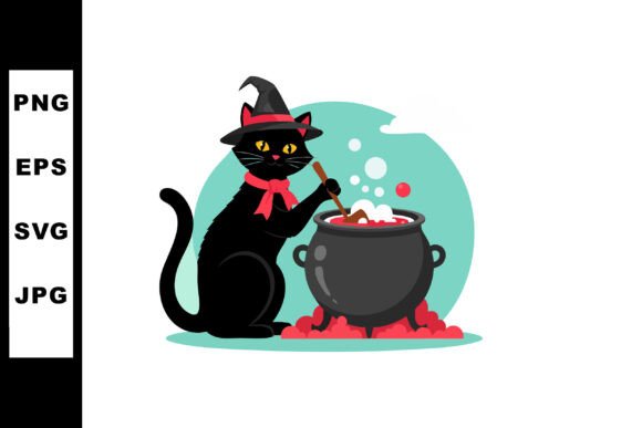 Black Cat Wearing Witch Hat Stirring Cau