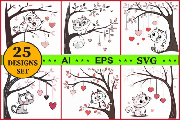 Cat Sitting on a Tree Branch Vector Set