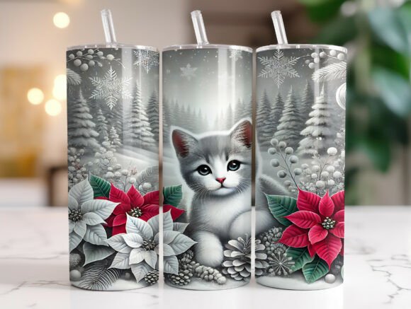 Christmas Kitten Floral Tumbler Wrap PNG
