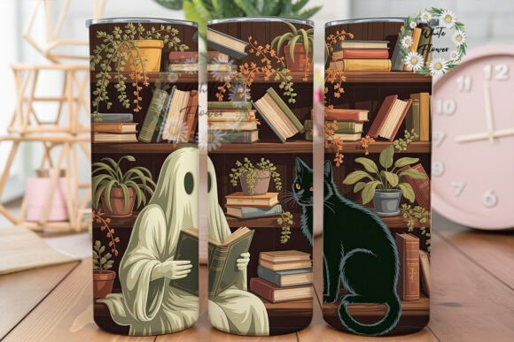 Cozy Bookshelf Ghost Cat Tumbler