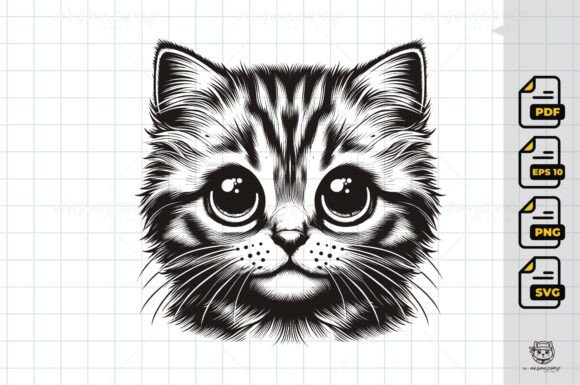 Cute Big-Eyed Kitten Line Art