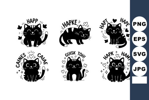 Cute Black Cartoon Cats with Happy Emoti
