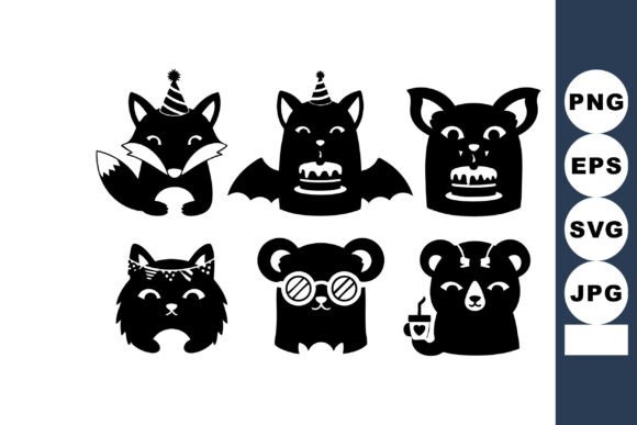 Cute Black Silhouette Animal Faces with Party Hats