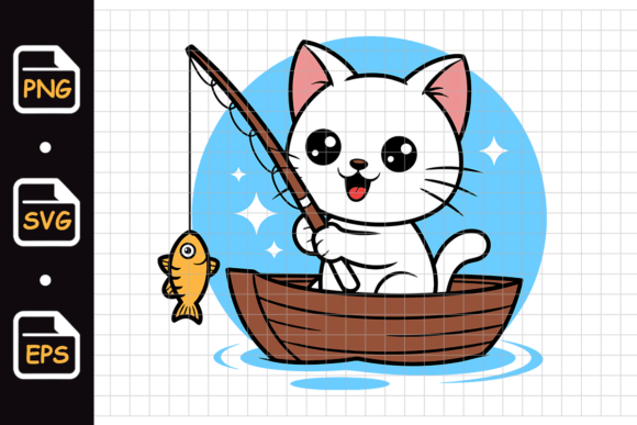 Cute Cat Fishing in Wooden Boat