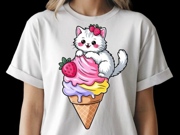 Cute Cat on Ice Cream Cone Strawberry