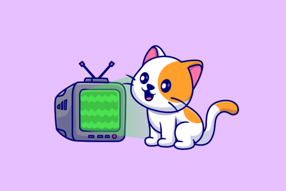 Cute Cat Watching Television Cartoon