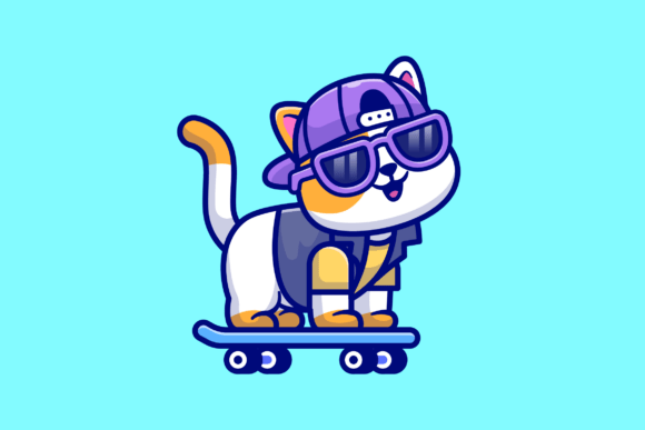 Cute Cool Cat Playing Skateboard Cartoon