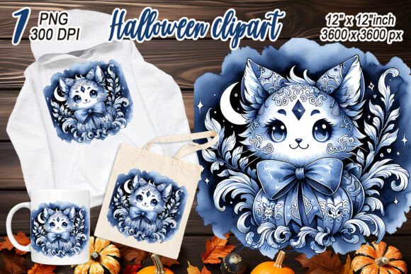 Cute Halloween Cat Blue Toile Clipart