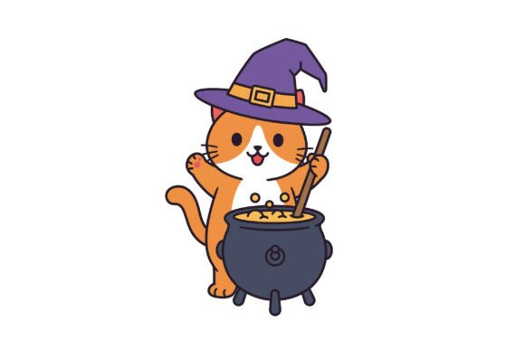 Cute Orange Cat Wearing a Witch Hat Stir