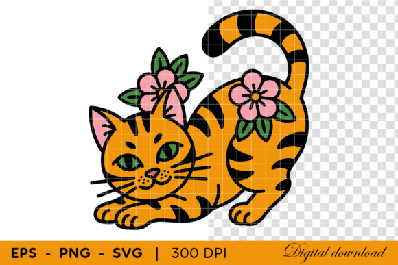 Cute Tiger Cat with Flowers Illustration