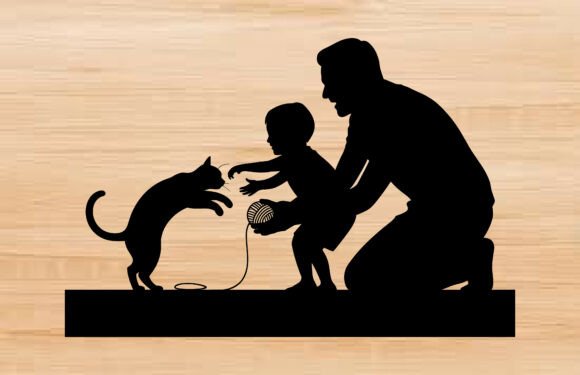 Father Son Playing with Cat Silhouette