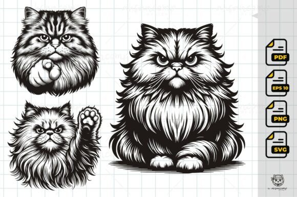 Fierce Fluffy Cat Vector Set