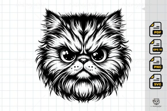 Fluffy Cute Cat Face – Line Art