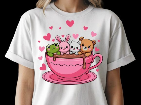 Frog, Bunny, Cat, Bear in Cup Cute Love