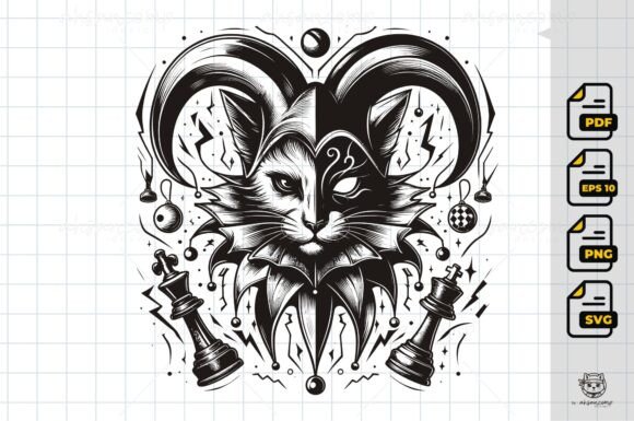 Line Art Cat Jester Chess Piece 8
