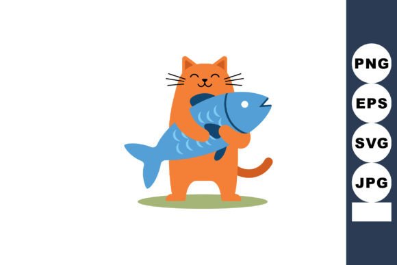 Orange Cat Holding Large Blue Fish Vector
