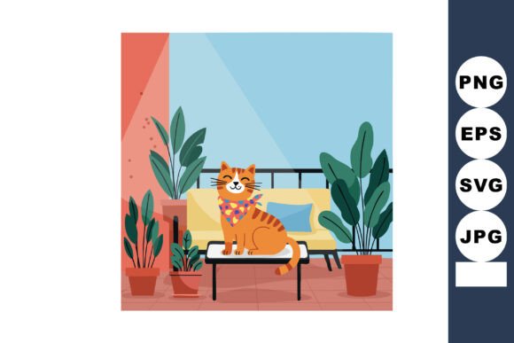Orange Cat on Couch with Green Plants