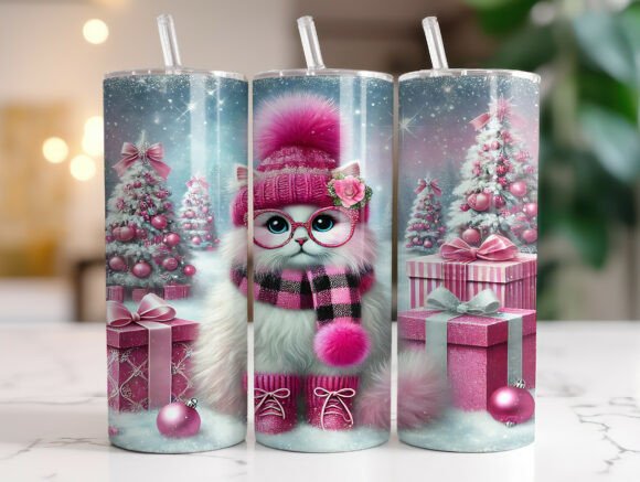 Pink Cat Christmas 20oz Tumbler Wrap PNG