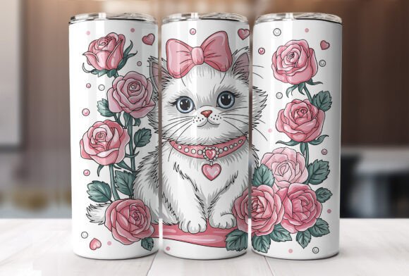 Pink Floral Rose Cat Tumbler Wrap
