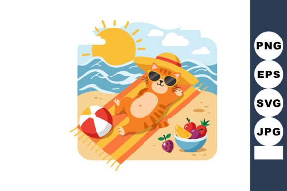 Relaxed Cat Sunbathing on Beach Towel