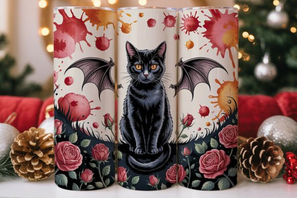 Spooky Cat Bat Rose Tumbler Wrap